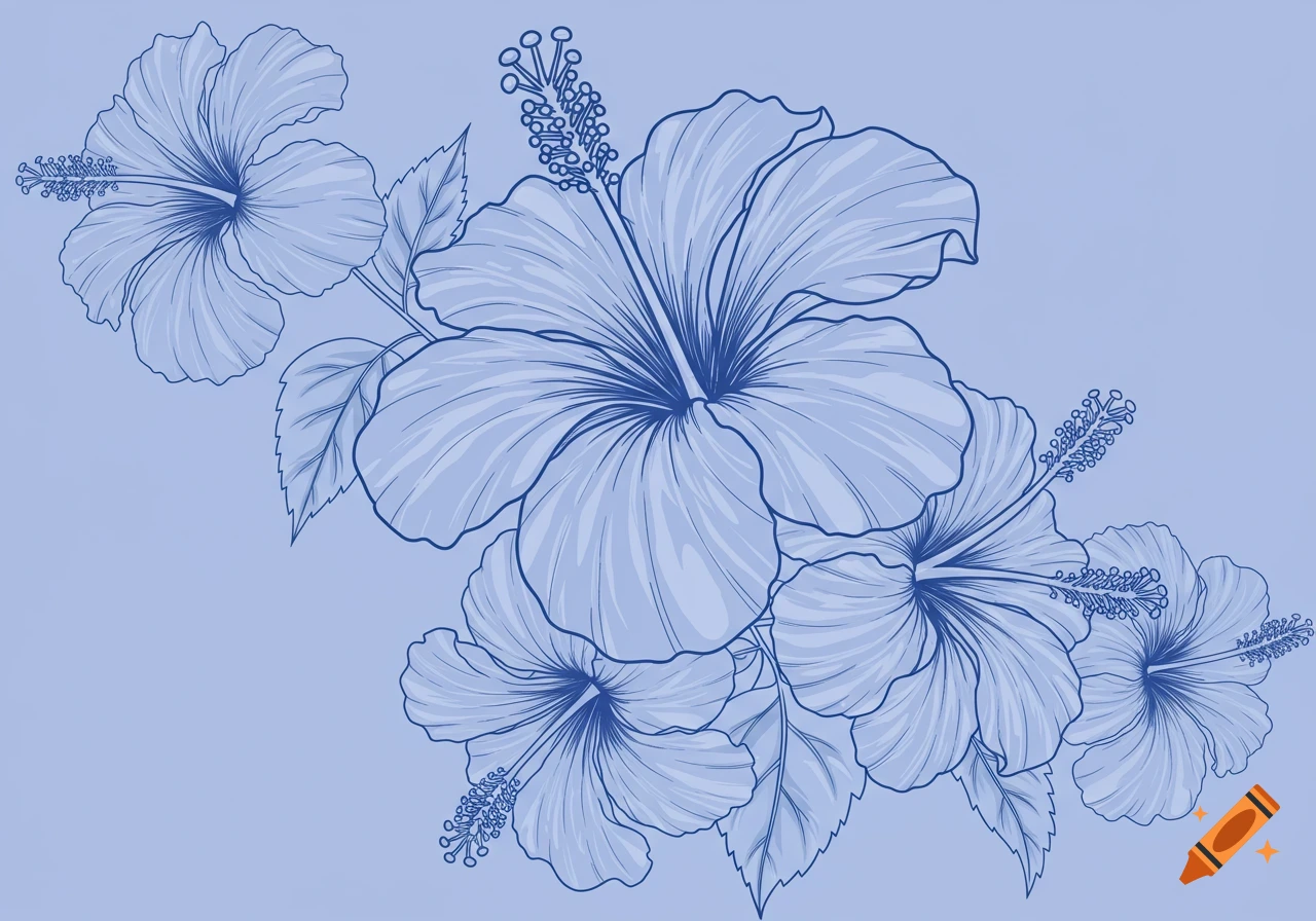 Line art illustration of several blue hibiscus flowers on a light blue background.
