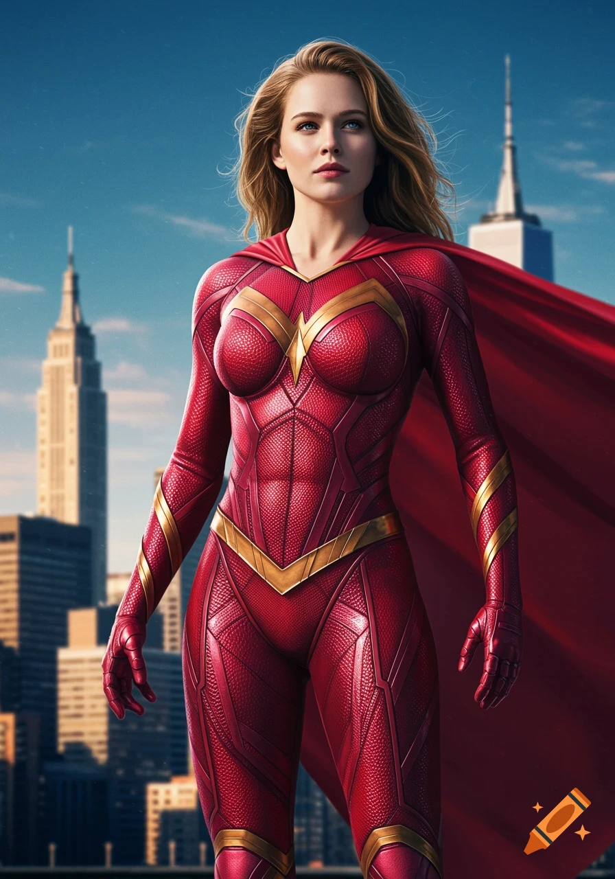 A female superhero in a red and gold suit with a cape stands confidently against a city skyline.