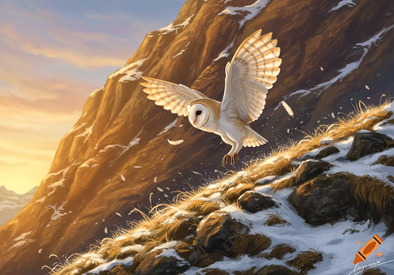 A barn owl with outstretched wings swoops down a snowy, golden mountain slope at sunset in a digital painting.