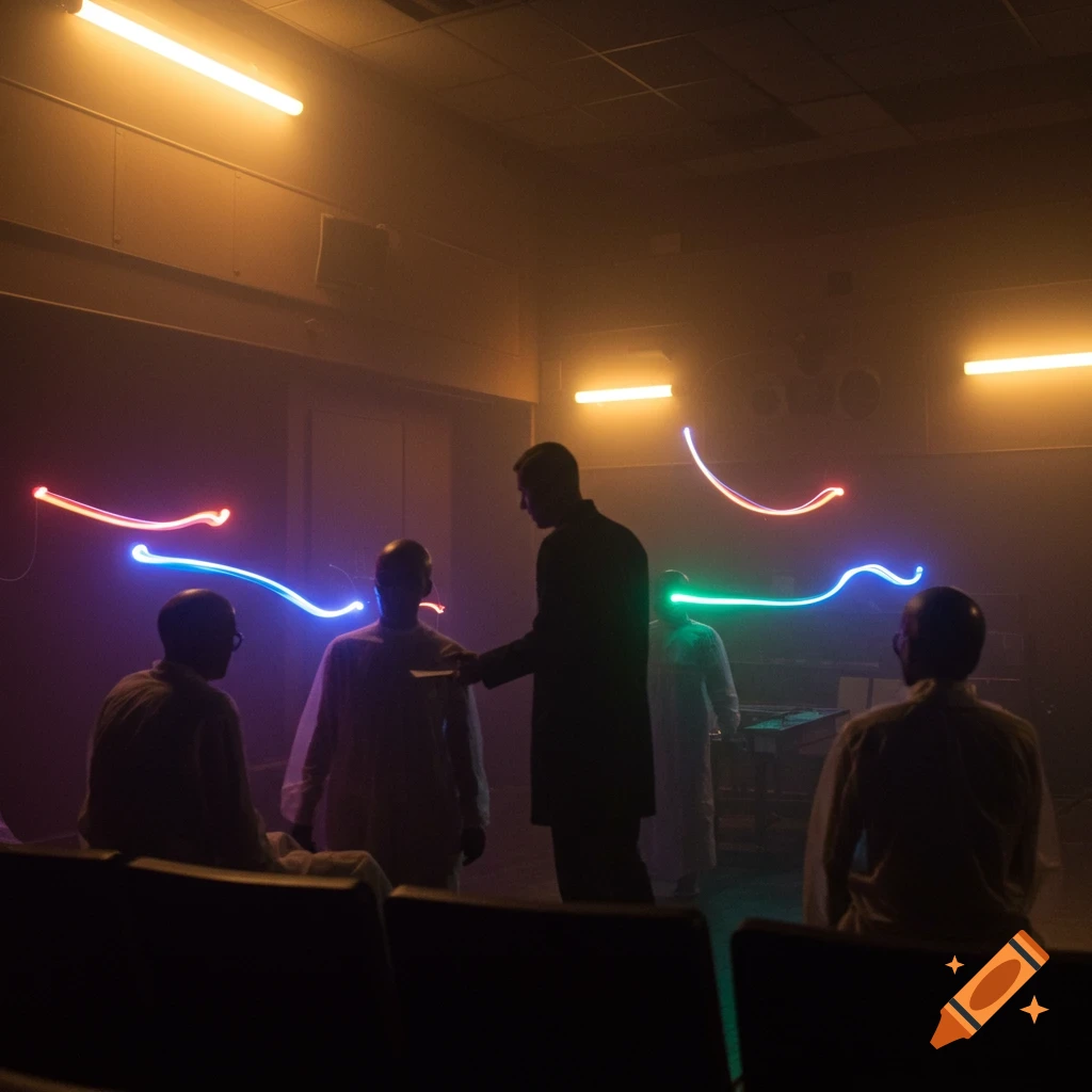 A man meets several shadowy figures in a dimly lit room with glowing neon light trails around their heads.