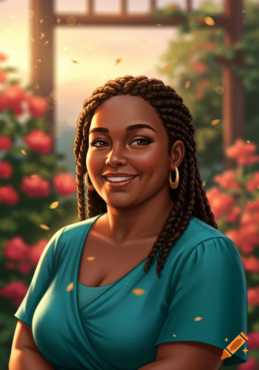 A smiling Black woman with braided hair and hoop earrings in a teal top, standing in a sunny garden with red roses.