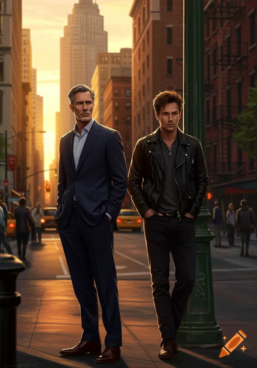 Two men, one in a suit and one in a leather jacket, stand on a city sidewalk at sunset with tall buildings and yellow cabs in the background.