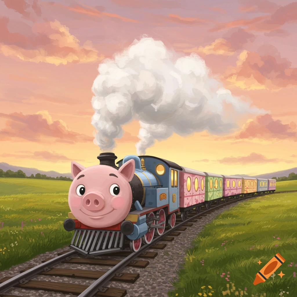 A cute cartoon train with a pig's face travels on tracks through a green field under an orange sunset sky.