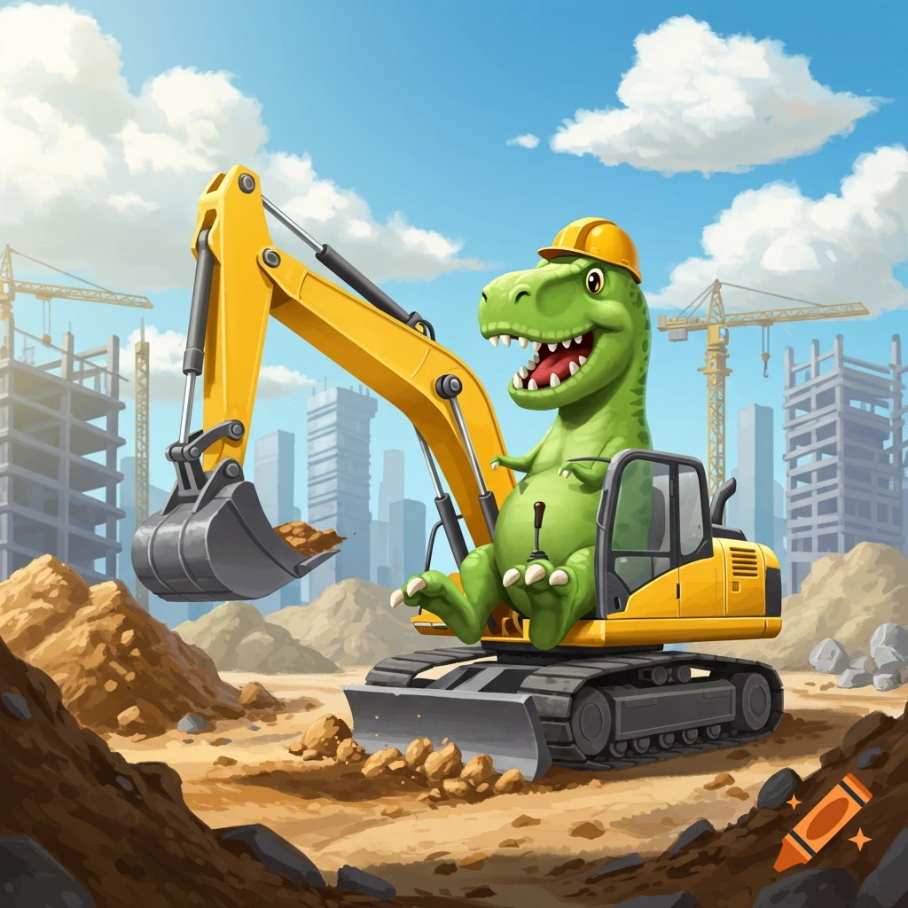 A happy cartoon dinosaur in a yellow hard hat drives an excavator on a construction site.