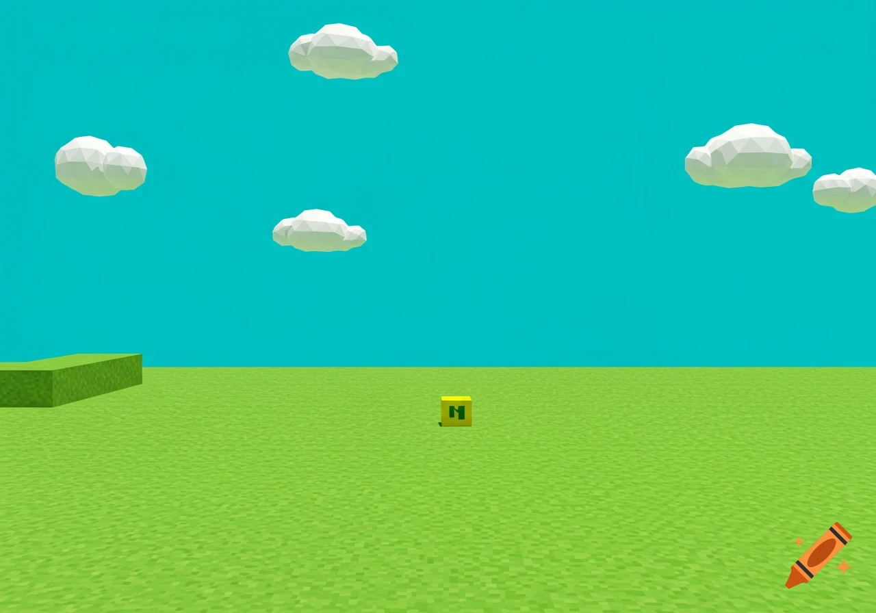 A low-poly landscape in Nintendo 64 style with green grass, a teal sky, polygonal clouds, and a yellow block with a green 'M'.