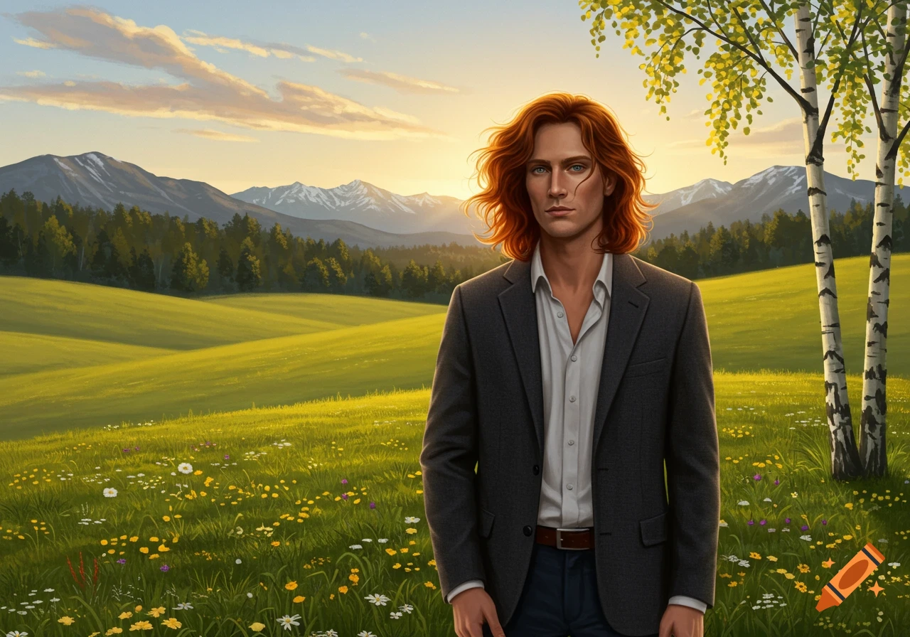 A man with auburn hair stands in a green field with wildflowers, mountains, and trees under a sunset sky.