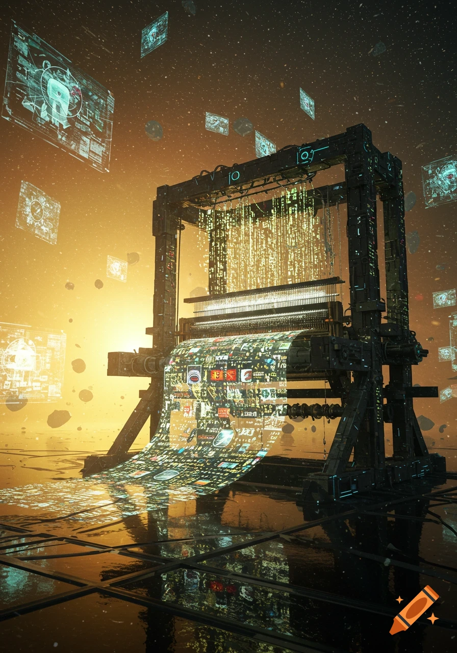 A futuristic data loom weaves glowing streams of text, images, and symbols into a shimmering fabric against an orange, star-filled sky with floating holograms.