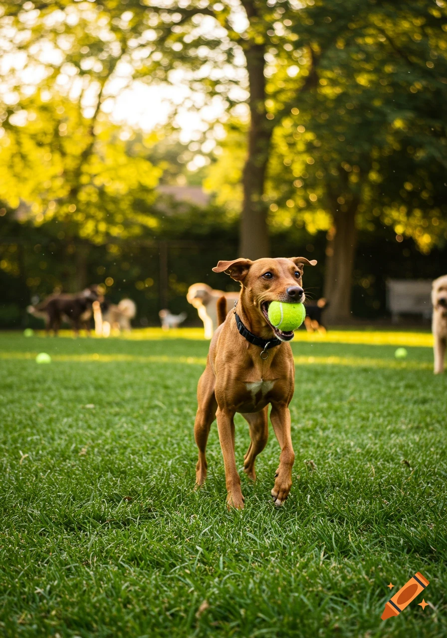 A happy brown dog runs across a grassy park with a bright green tennis ball in its mouth, other dogs in the background.