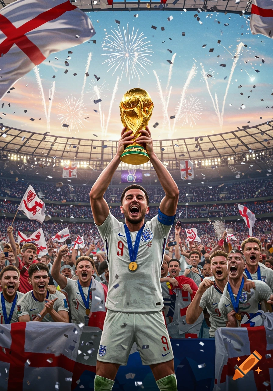 A photorealistic image of a football player in an England jersey lifting the World Cup trophy in a stadium with cheering fans and fireworks.
