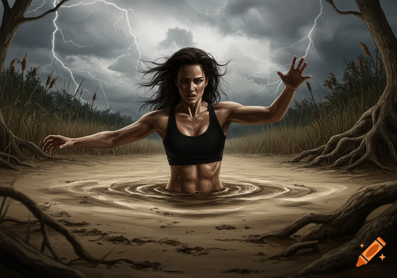 A determined woman in a black crop top sinks in quicksand during a thunderstorm, surrounded by tree roots and tall grass.