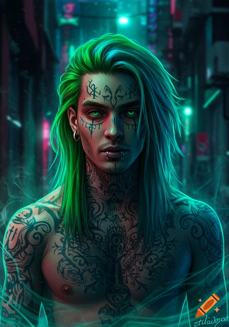 A mysterious man with green and blue hair, glowing green eyes, and extensive tattoos stands in a neon-lit cyberpunk city.