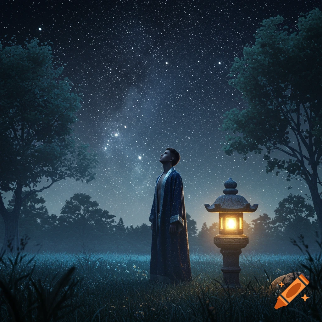 A person in a robe stands in a grassy field at night, looking up at a sky full of stars. A lit lantern is nearby.