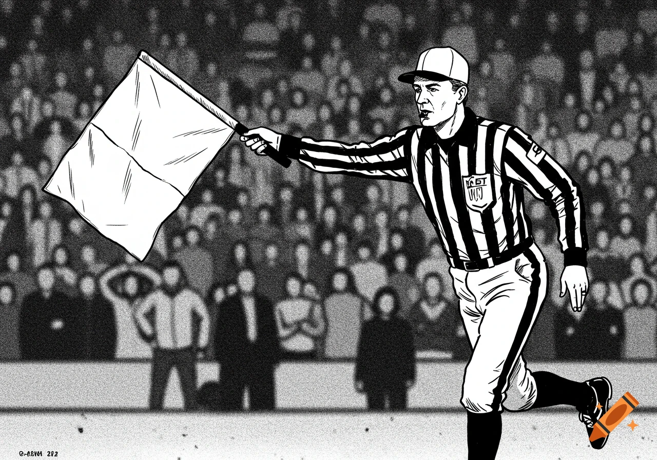 A black and white drawing of a football referee in a striped uniform and cap, running and throwing a white penalty flag, with a blurred crowd in the background.