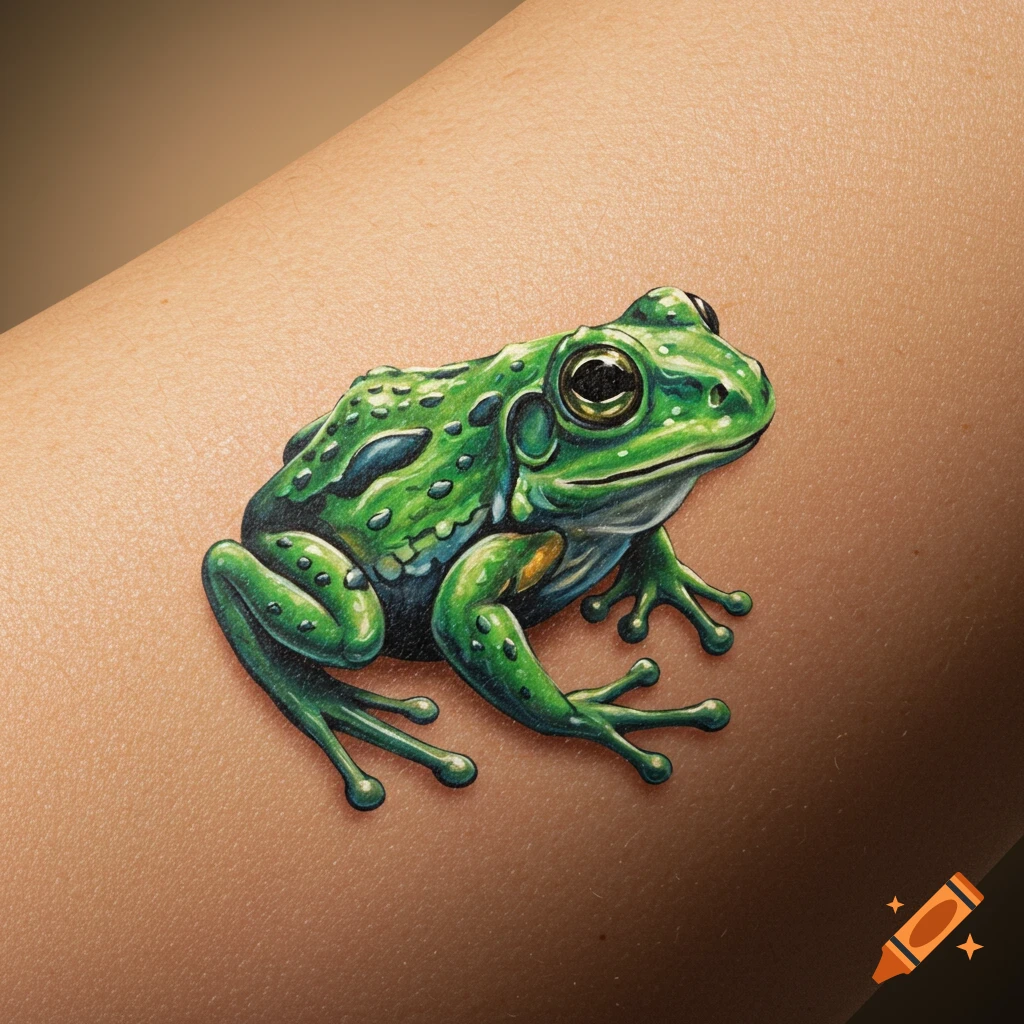 A detailed green frog illustration appearing as a 3D tattoo on a light-skinned human arm.
