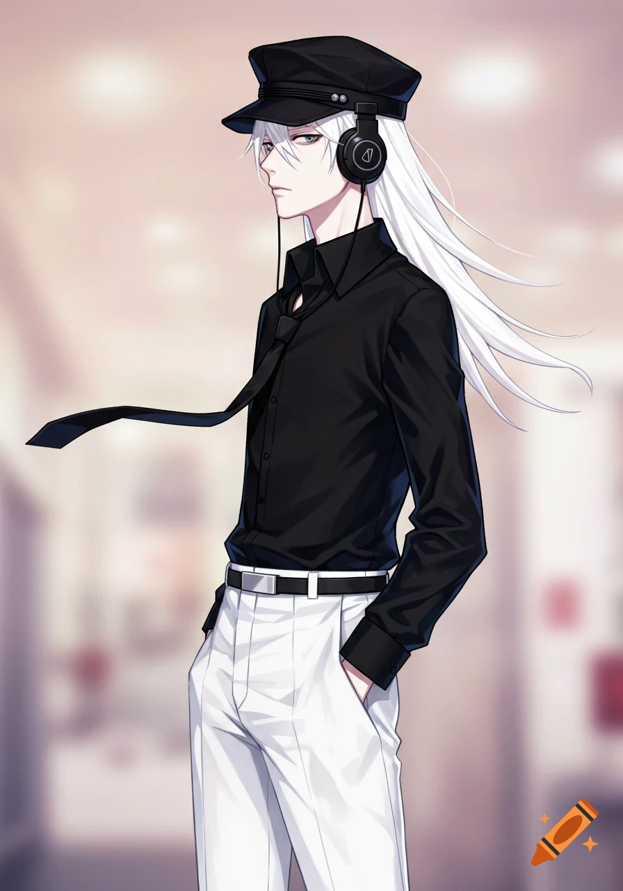 An anime character with long white hair, a black cap, black shirt, and white pants, wearing headphones.