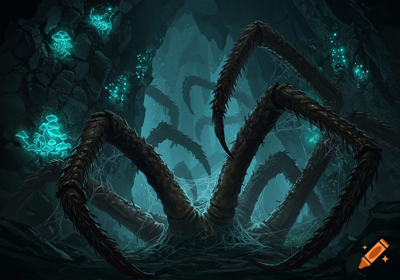 Giant spider-like creature with many hairy, spiky legs covered in webs in a dark, glowing mushroom-filled cave.