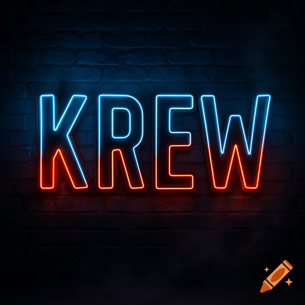 Neon sign spelling 'KREW' with blue and red letters on a dark brick wall.