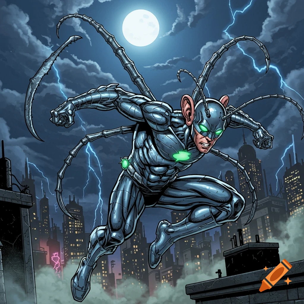 A superhero, Earwigman, with metallic appendages and green glowing eyes, leaps over a city skyline at night with a full moon and lightning.