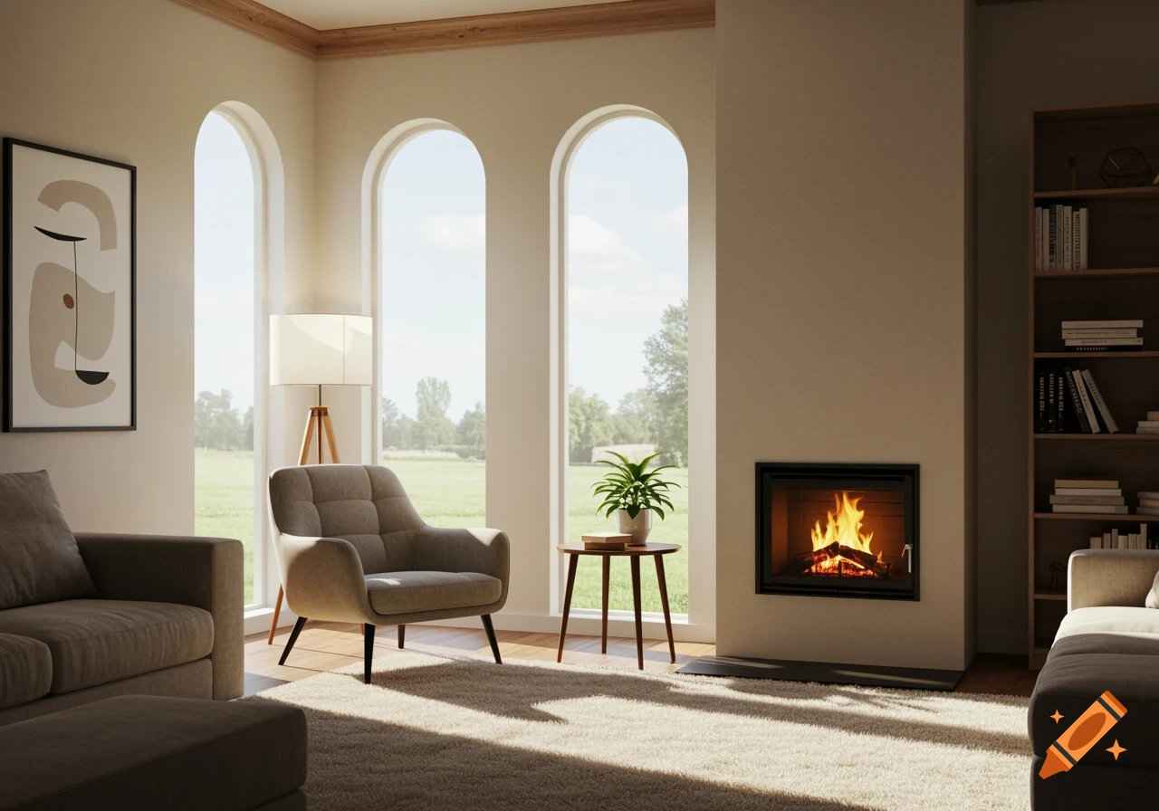 A photorealistic image of a cozy living room with a lit fireplace, a beige armchair, a sofa, and arched windows overlooking a green field.