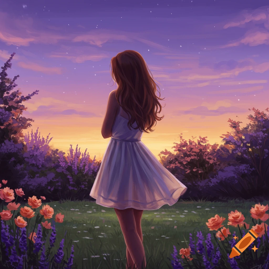 An illustrated woman in a white dress stands in a field of flowers, looking at a colorful sunset sky.