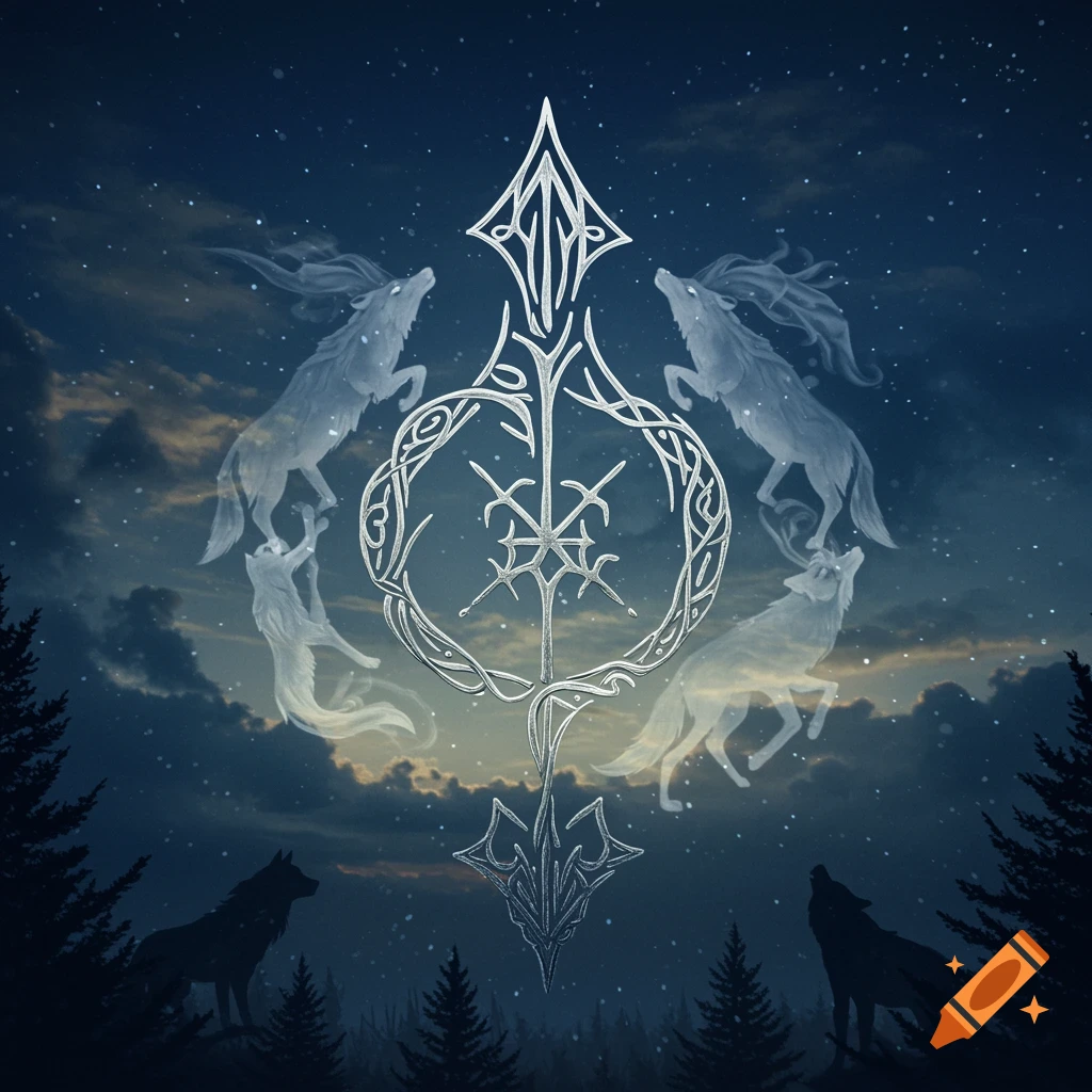 A mystical silver symbol surrounded by spectral wolves in a dark, starry forest at night, with two silhouetted wolves howling below.