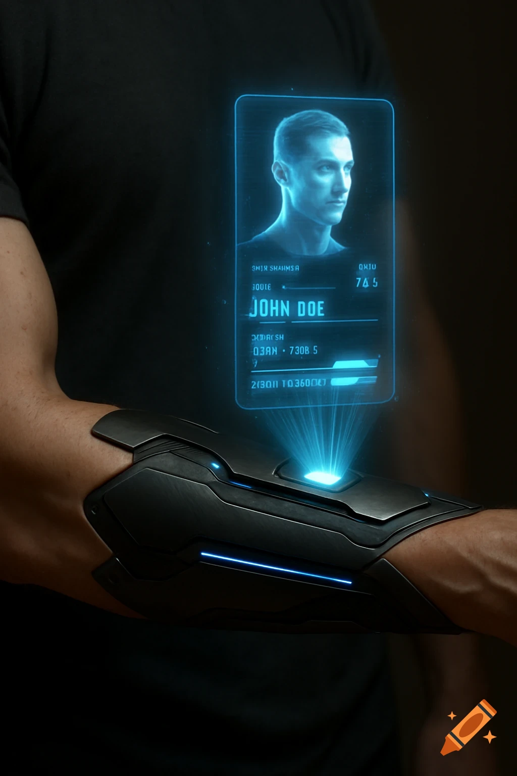 A close-up of a human forearm wearing a futuristic, dark metallic bracer, from which a glowing blue holographic display projects upwards, showing a man's profile and digital data.