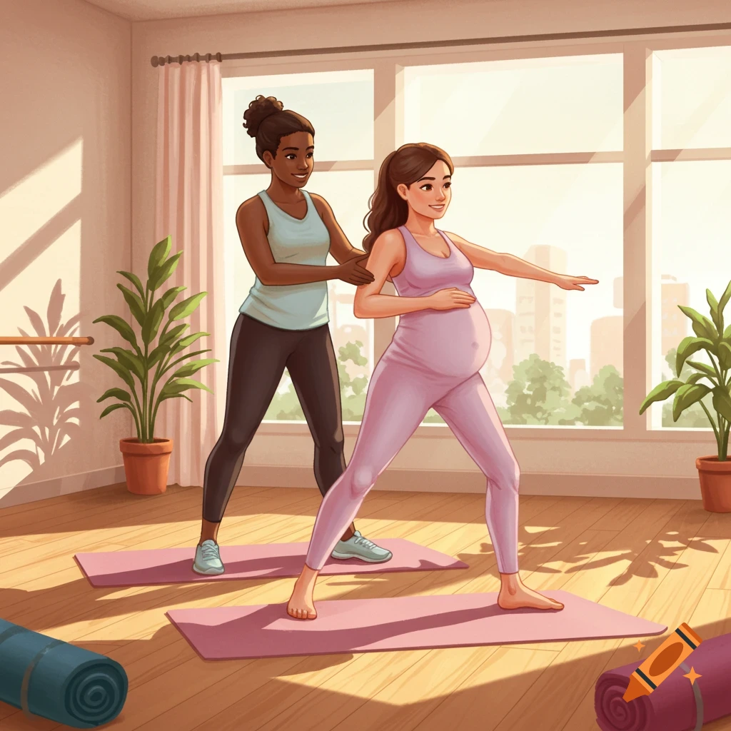 An illustration of a trainer helping a pregnant woman do yoga exercises in a bright studio.