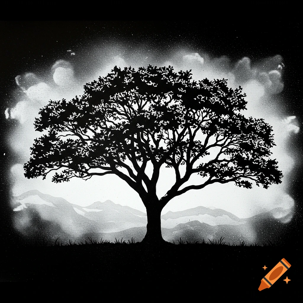 A black and white stencil art of a large, leafy tree silhouetted against a misty sky with mountains.