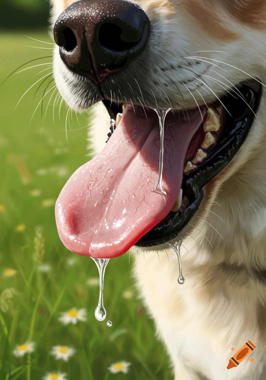 Photorealistic close-up of a dog's nose and open mouth with a long, drooling tongue in a sunny green field with white flowers.