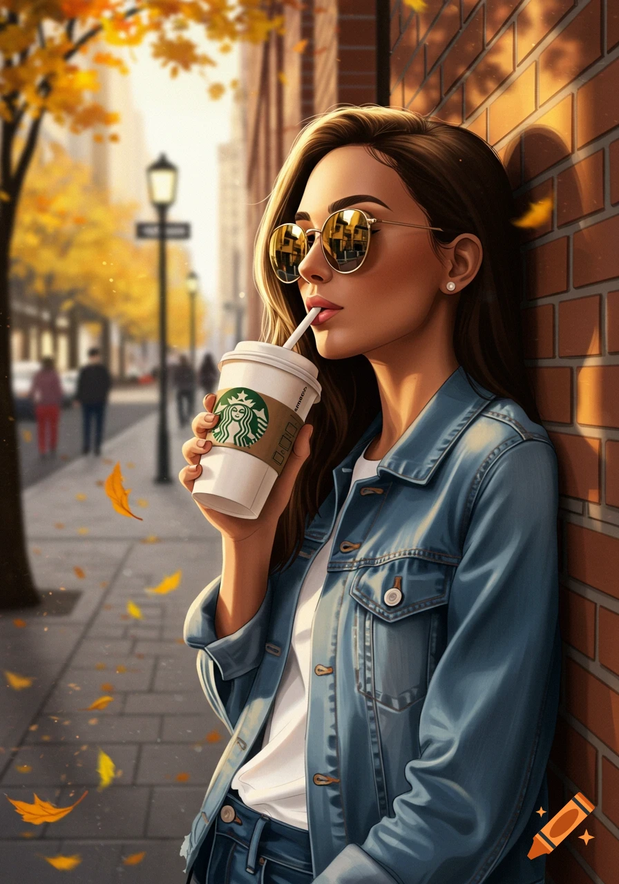 A stylish woman in a denim jacket and sunglasses sips coffee from a Starbucks cup, leaning against a brick wall on an autumn street.