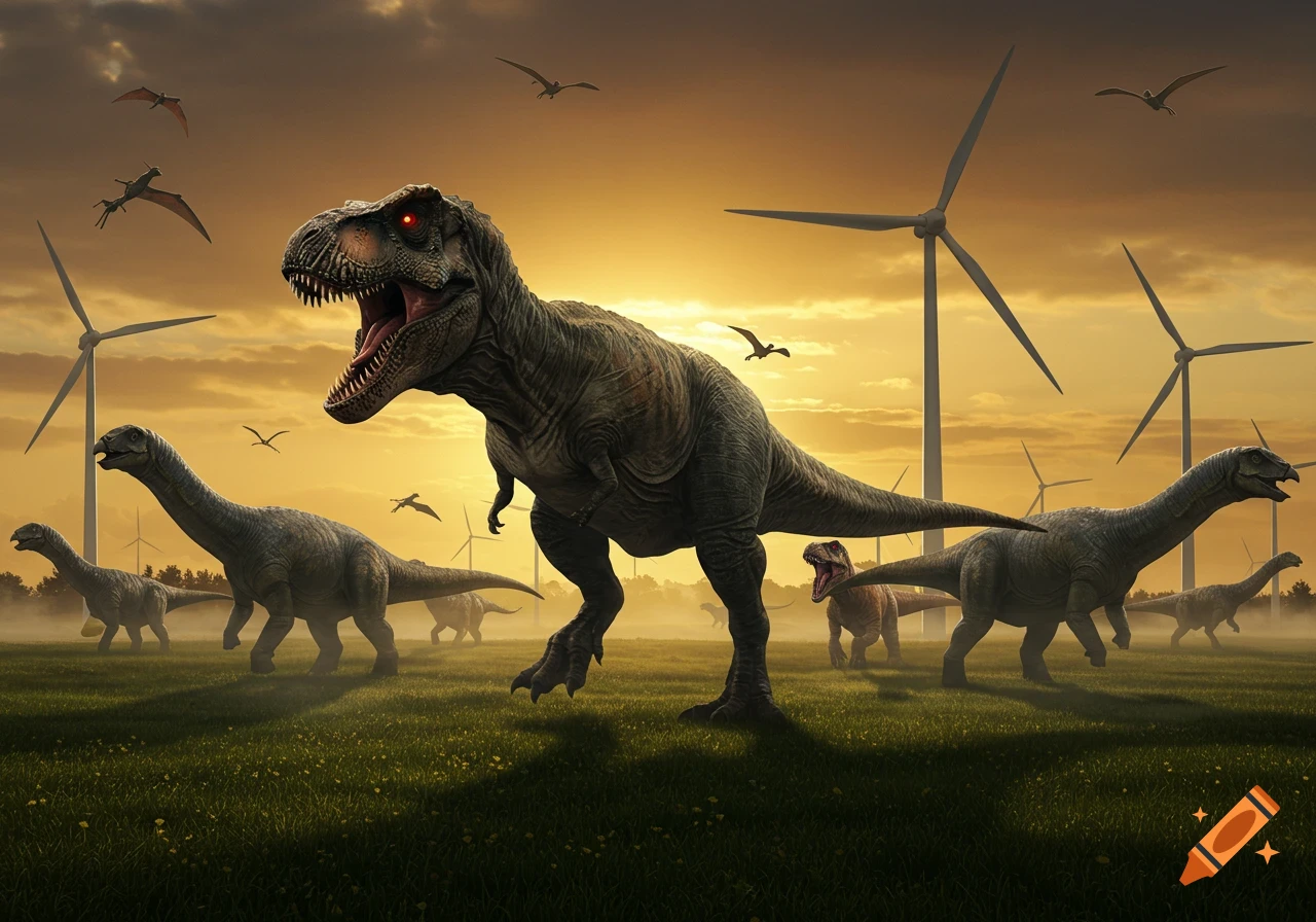 Photorealistic image of a T-Rex with glowing red eyes leading dinosaurs through a grassy field with wind turbines at sunset.