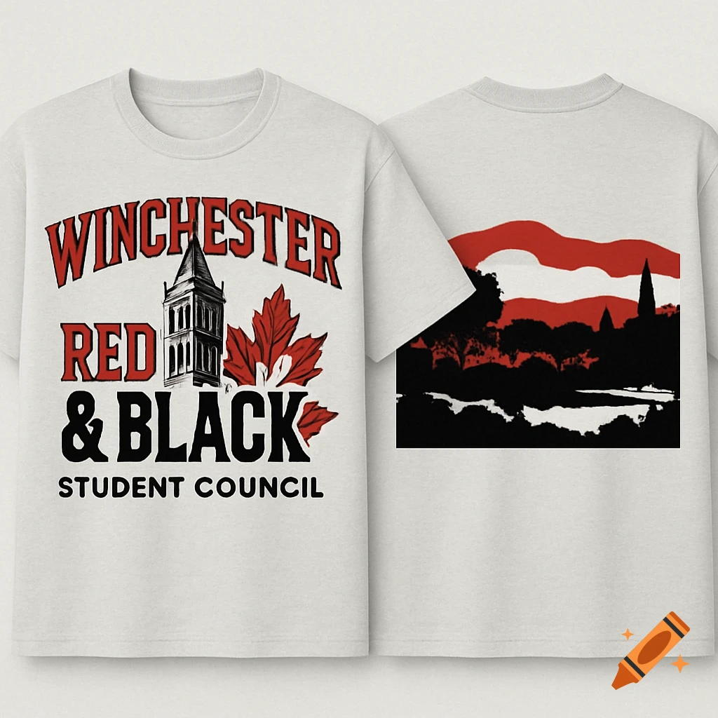 A light grey t-shirt with 'WINCHESTER RED & BLACK STUDENT COUNCIL' text, a tower, and maple leaves on the front. The back features a black silhouette landscape with a red and white sky.