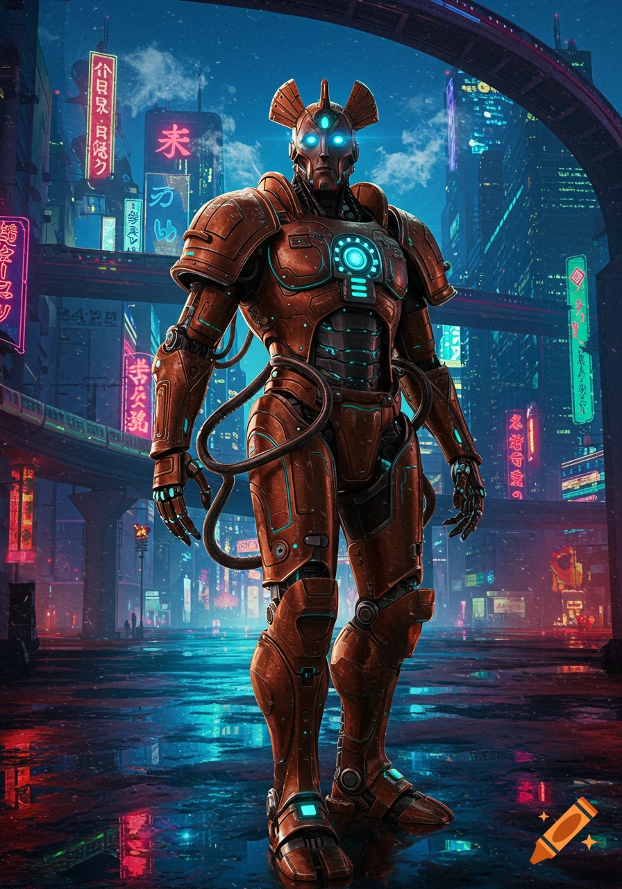 A large, rusty red robot with glowing blue eyes stands on a wet street in a futuristic cyberpunk city with neon signs.