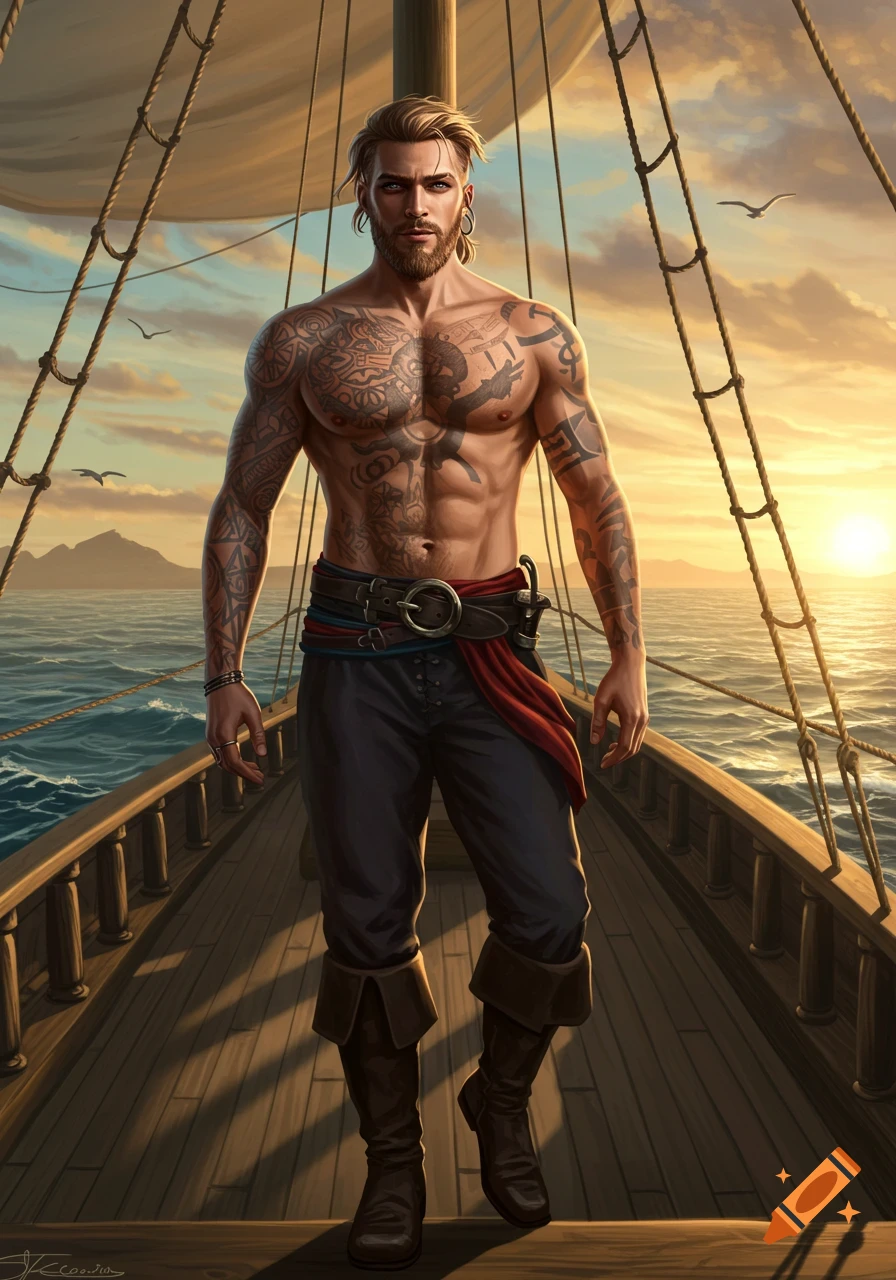 Muscular, tattooed man with blonde hair and beard on a pirate ship at sunset, looking forward.