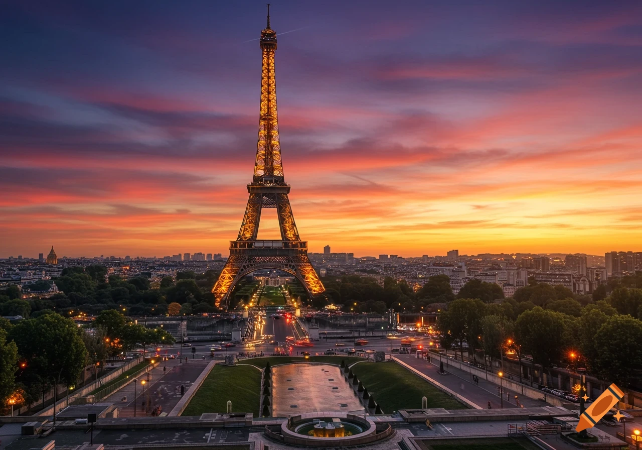 Photorealistic image of the Eiffel Tower at sunset with warm golden light, overlooking the romantic Paris cityscape.