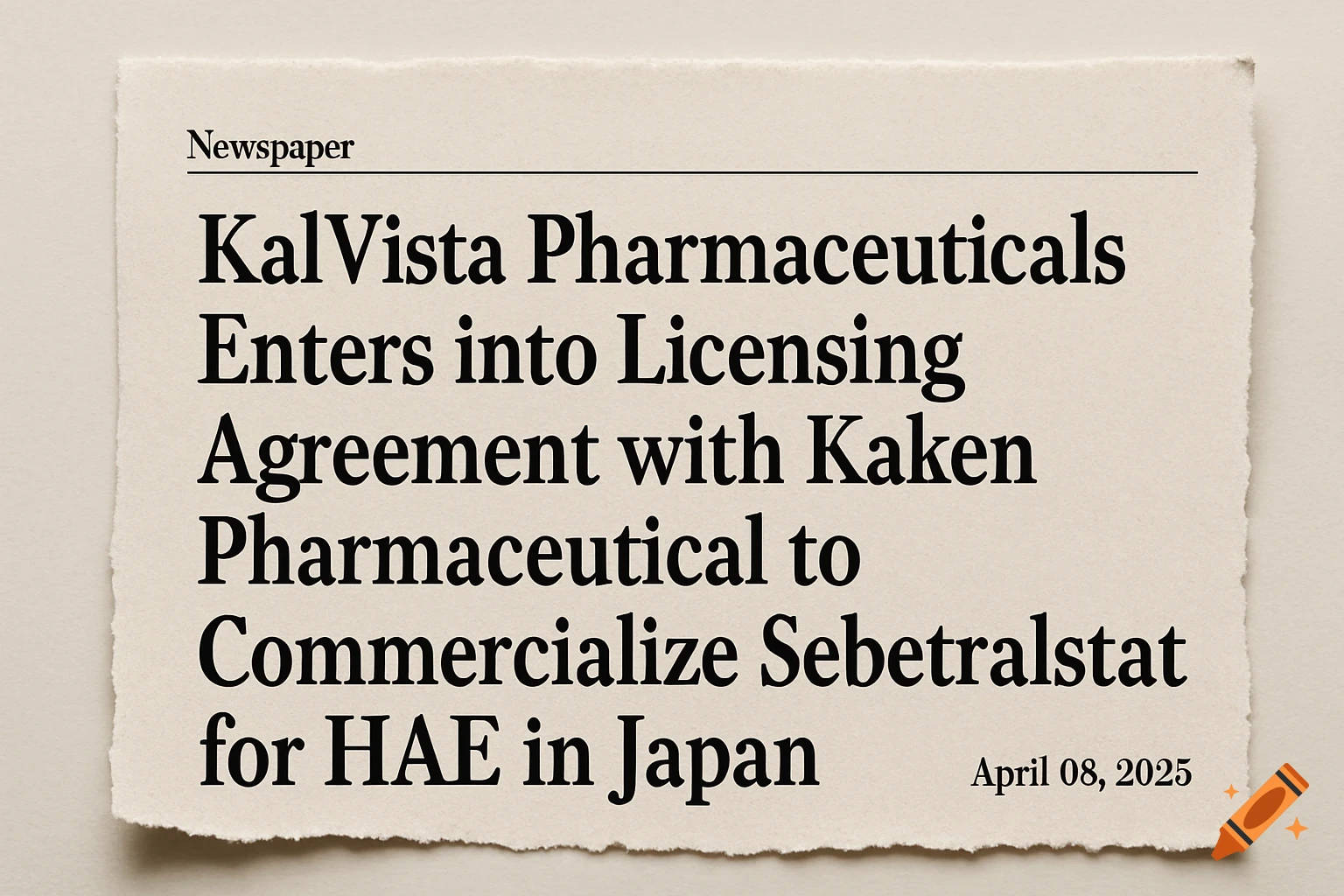 A torn piece of newspaper with the headline 'KalVista Pharmaceuticals Enters into Licensing Agreement with Kaken Pharmaceutical to Commercialize Sebetralstat for HAE in Japan' and date 'April 08, 2025'.