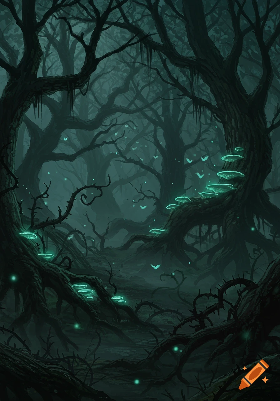 A dark, gothic, enchanted forest with gnarled trees, glowing mushrooms, and luminous butterflies in a mystical, foggy atmosphere.
