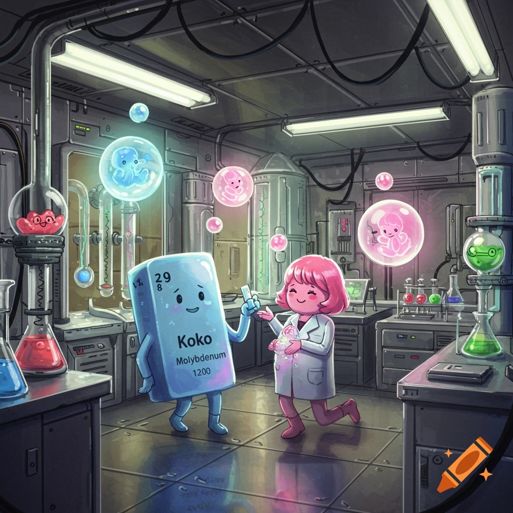A cartoon blue block character named Koko Molybdenum and a pink-haired scientist in a lab coat stand in a bright laboratory, looking at glowing bubbles containing tiny cartoon babies.