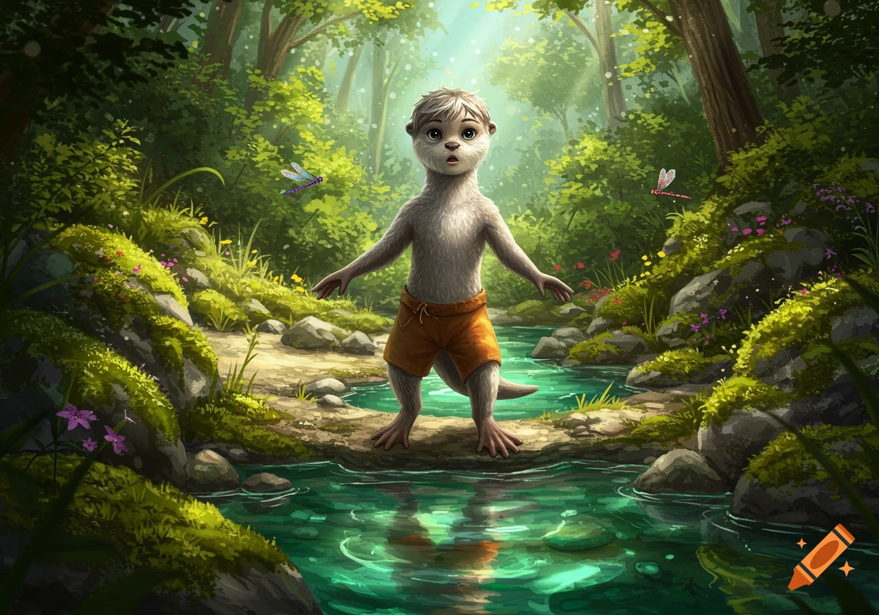 A cute anthropomorphic otter boy with human hair and orange shorts stands in a lush green forest by a clear stream.