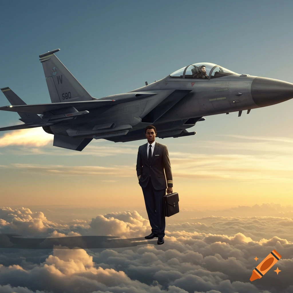 A man in a pilot's uniform with a briefcase stands on clouds beneath a fighter jet in the sky at sunset. Photorealistic style.