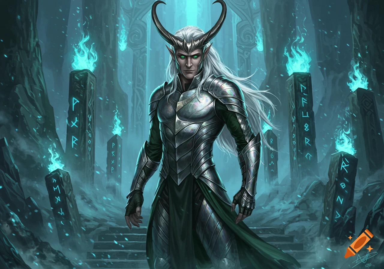 A white-haired, pale-skinned fantasy character with horns, green eyes, and silver armor stands in a misty ruin with glowing blue runes and flames.