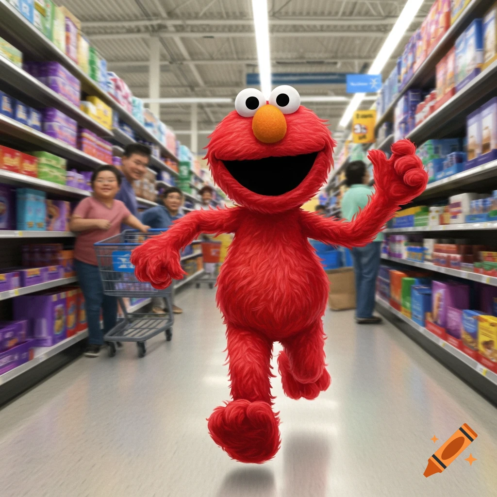 A red furry Elmo character runs down a supermarket aisle with blurred shoppers and shelves in the background.