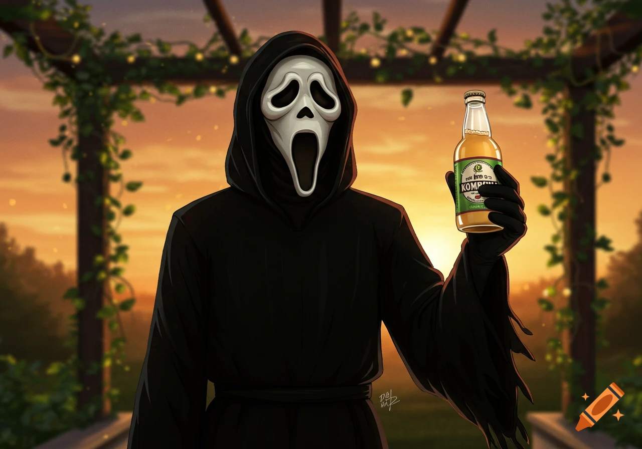 Cartoon Ghostface in black robe and white mask holds a kombucha bottle under a leafy arbor at sunset.