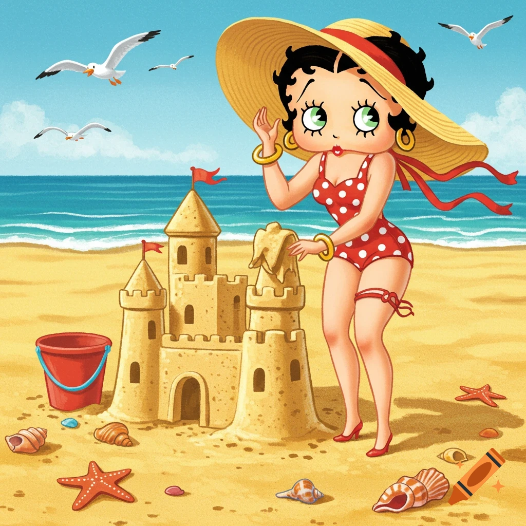 Betty Boop in a red polka-dot swimsuit building a sandcastle on a sunny beach with seagulls flying overhead.