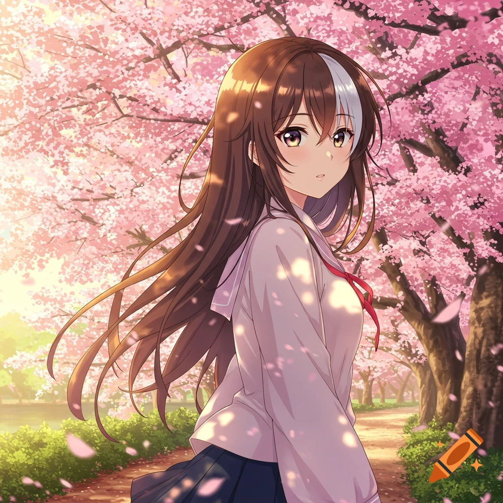 Anime style girl with long brown hair and a white streak standing under cherry blossoms.
