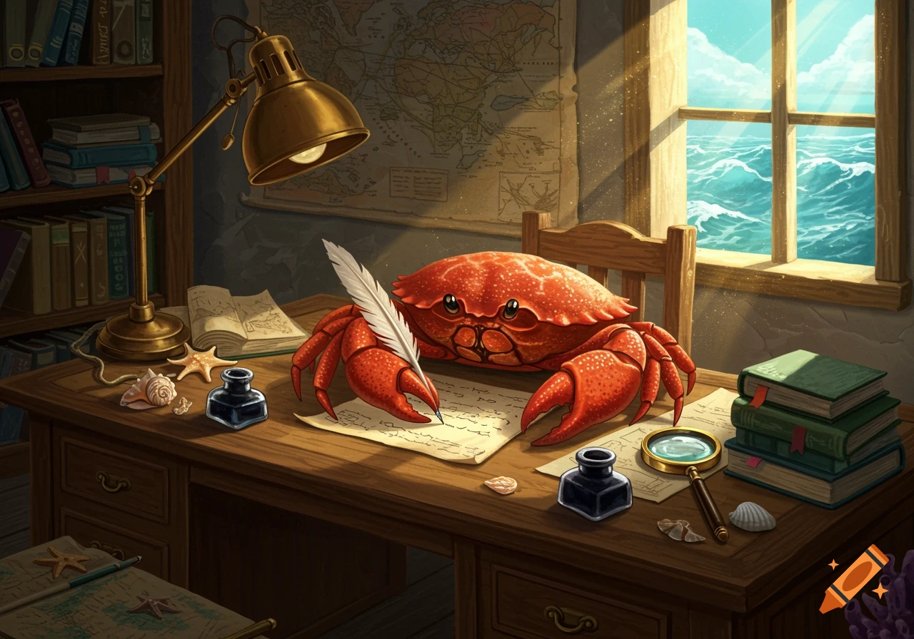 A whimsical red crab sits at a wooden desk, diligently writing on paper with a quill. Books, an inkwell, and seashells are scattered on the desk, with a window revealing a vibrant blue ocean to the right. A map hangs on the wall, and a bookshelf is visible on the left.