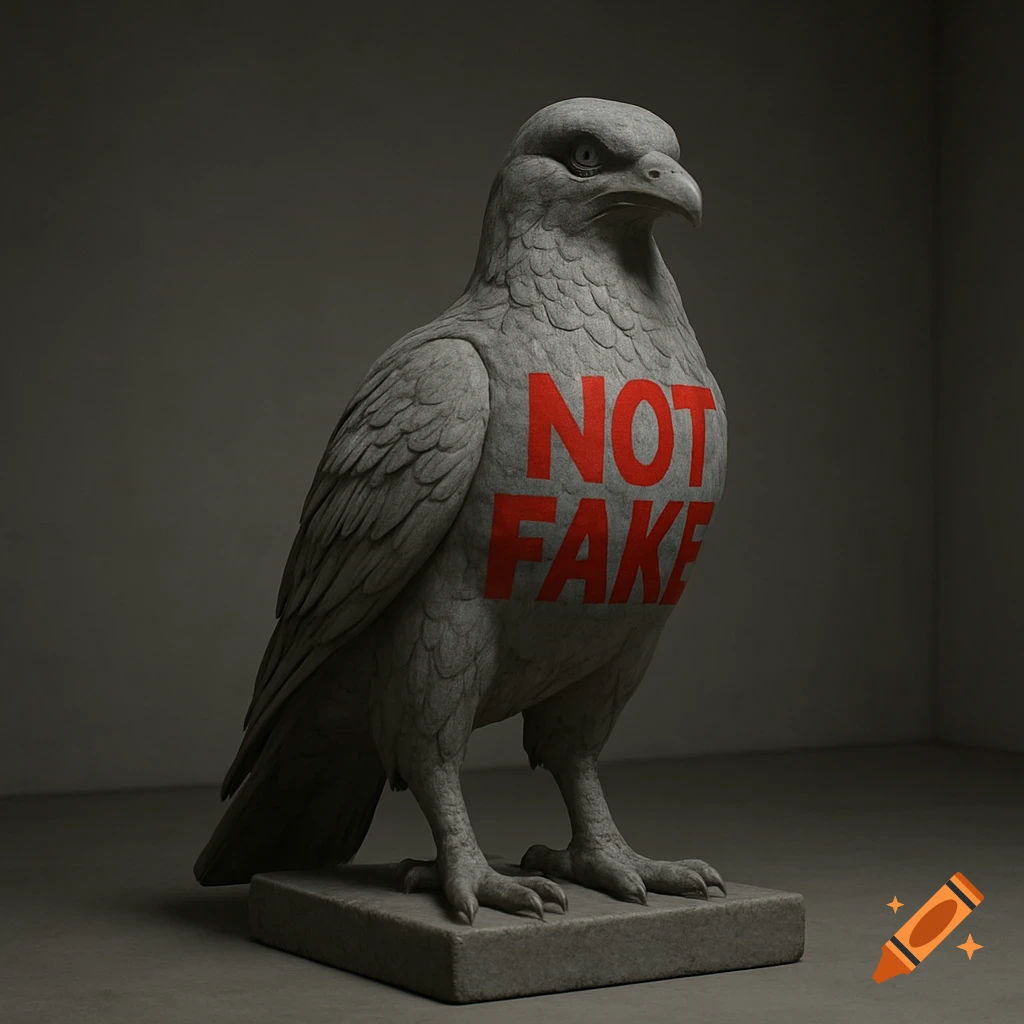 Photorealistic stone statue of an eagle with the words 'NOT FAKE' in red on its chest, in a dark, minimalist setting.