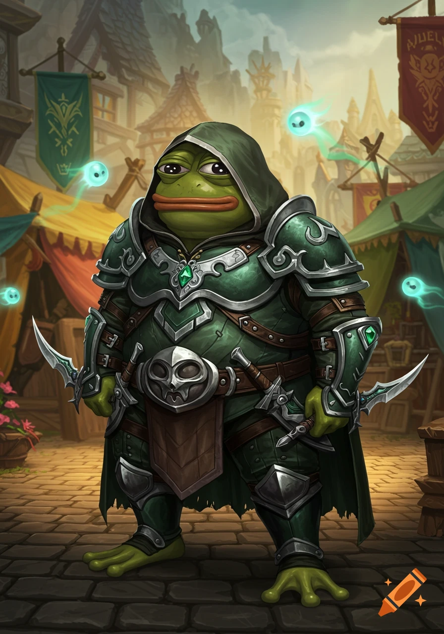 A cartoon Pepe the Frog character wearing detailed green fantasy rogue armor and holding daggers, standing in a medieval village.