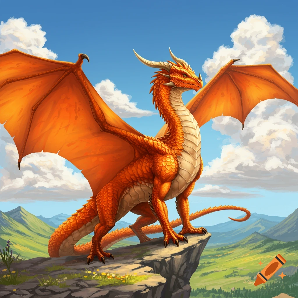 An orange dragon with large wings and a beige underbelly stands on a rocky mountain peak overlooking a green valley under a blue sky.