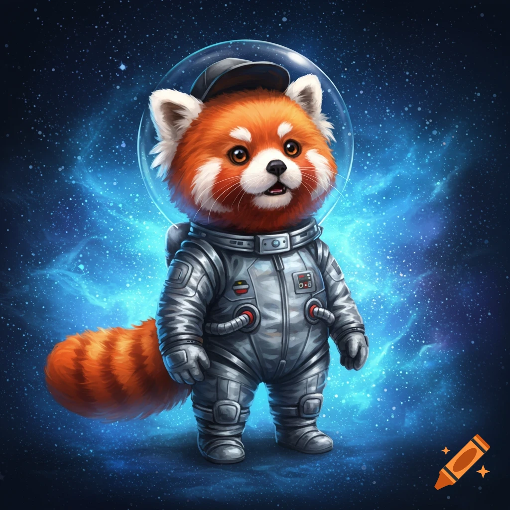 A cute red panda in a silver space suit and black cap stands against a vibrant blue nebula and star-filled cosmic background.